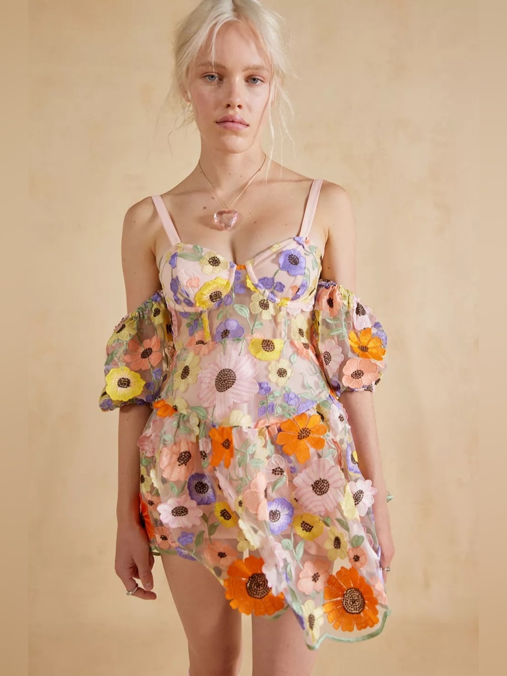 For Love & Lemons Prato Sheer Floral Mini Dress